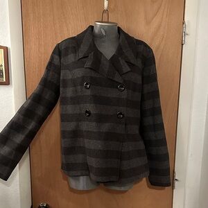 GAP Women's Black and Gray Striped Peacoat